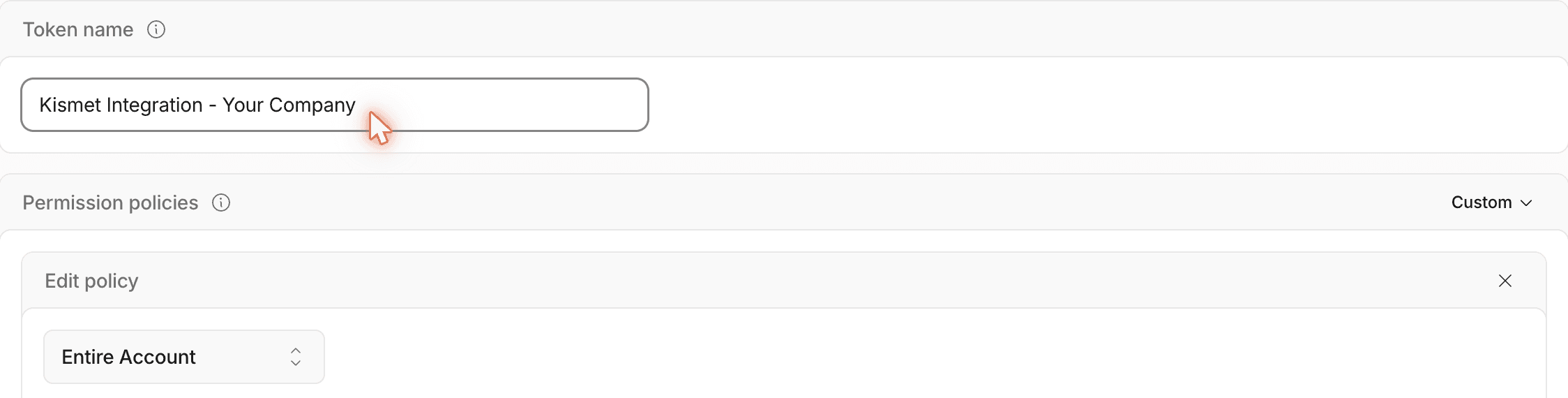 Token name field filled in with Kismet Integration – Your Company