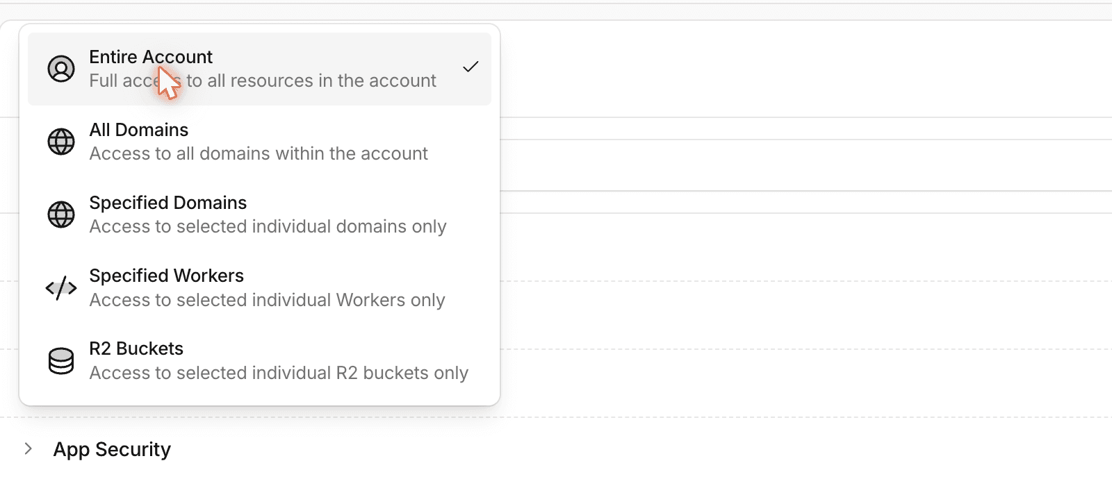Scope dropdown open showing Entire Account, All Domains, Specified Domains options