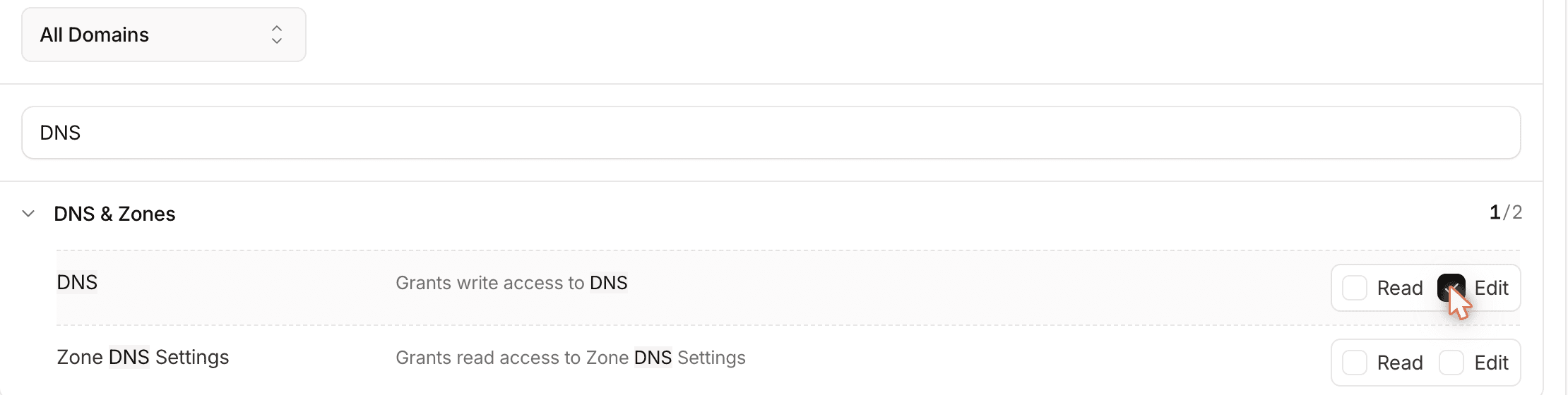 All Domains policy with DNS set to Edit