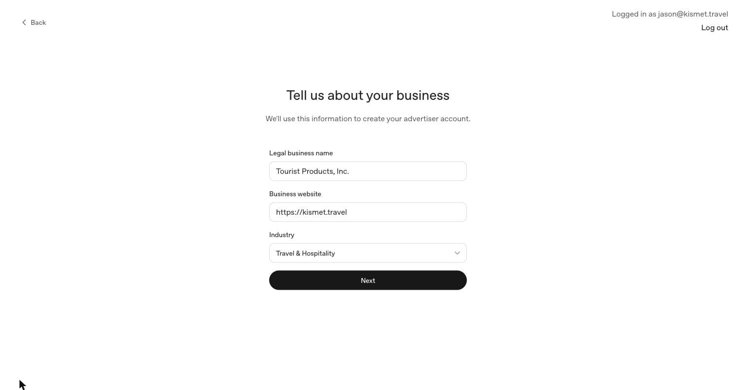 Business details form with legal name, website, and industry