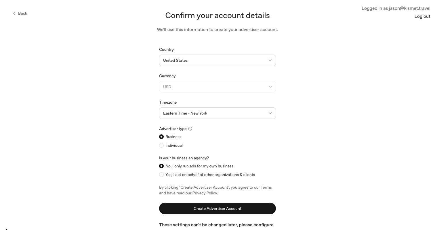 Account details form with country, currency, time zone, and the agency question