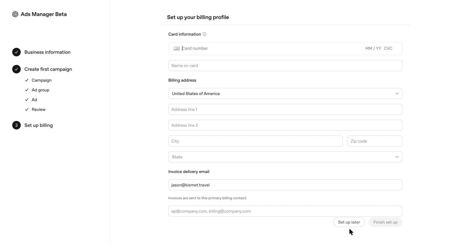 The billing profile form with card, address, and invoice email fields