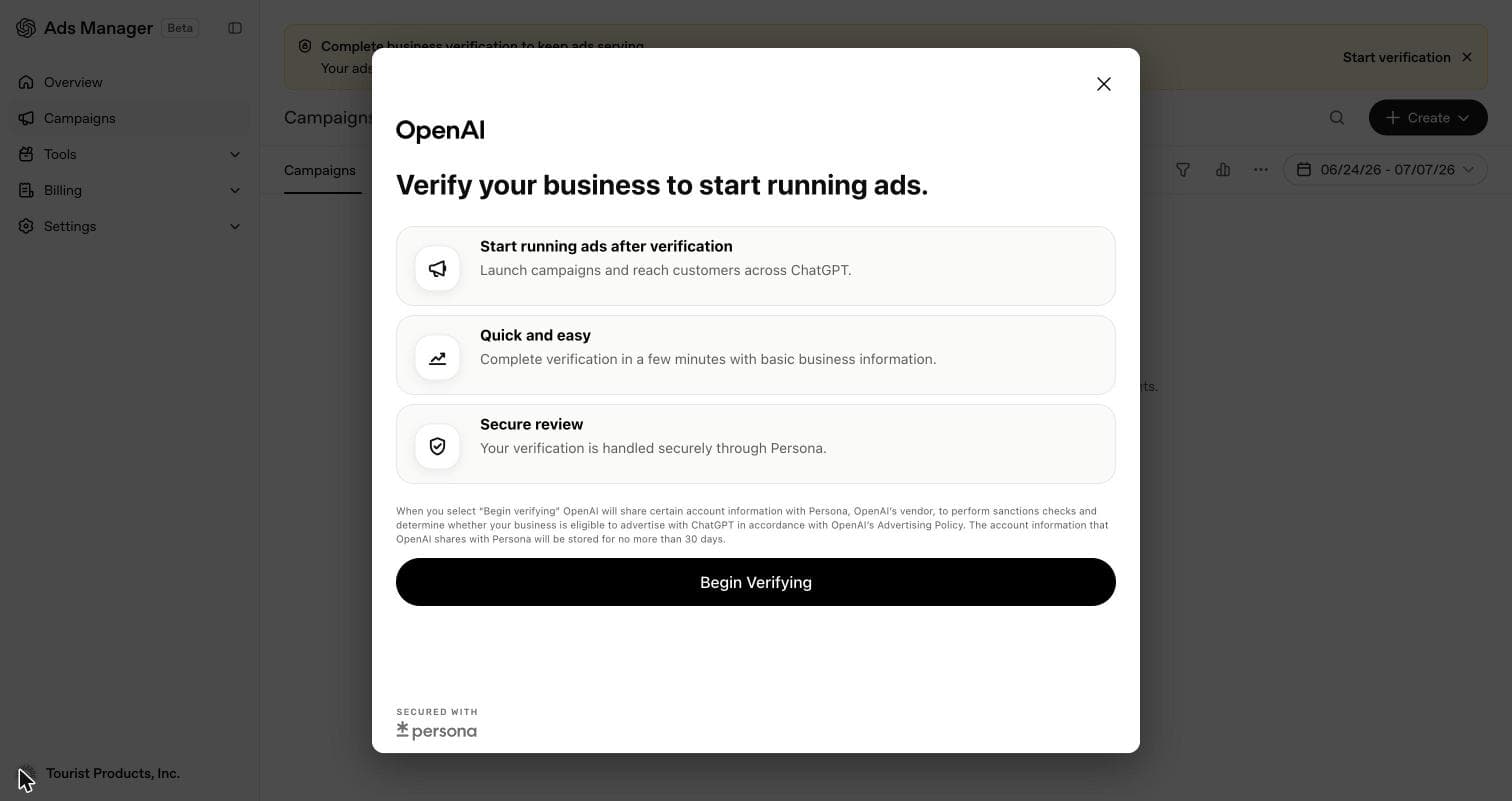 The business verification modal with the Begin Verifying button